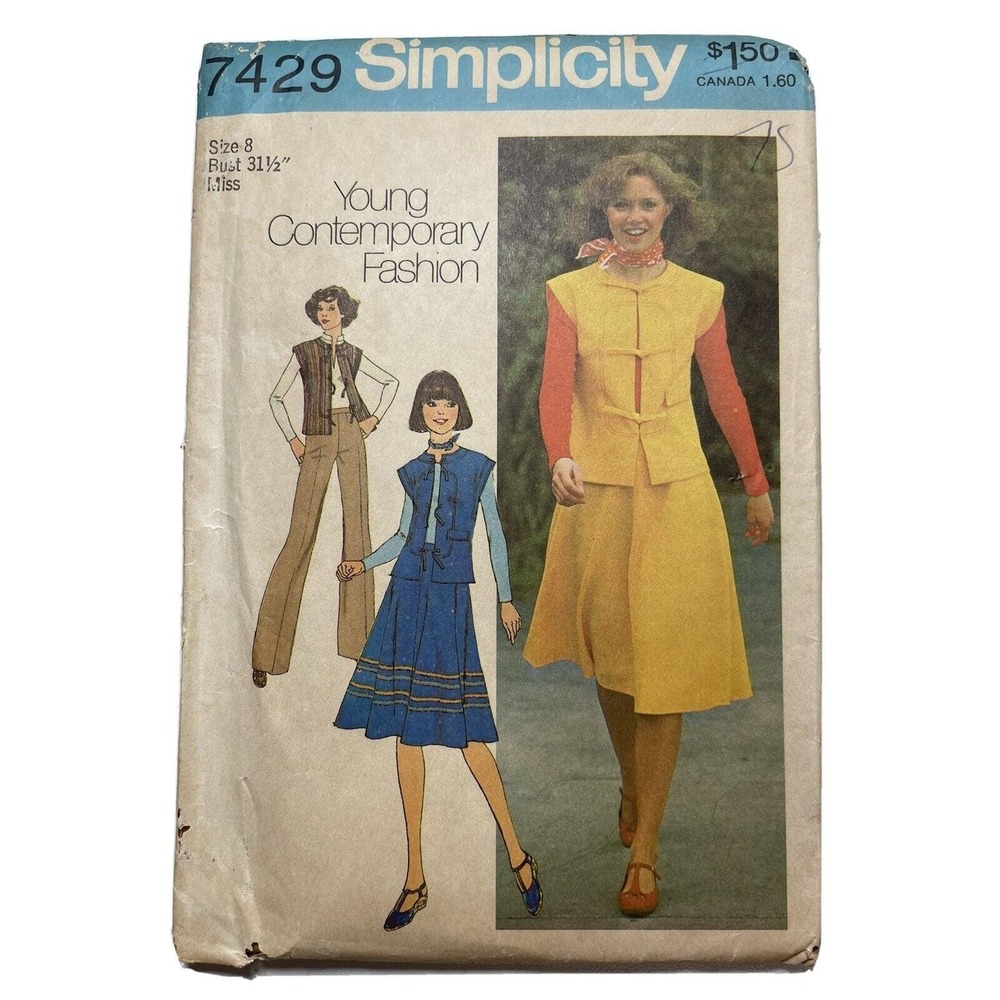 Vtg 1970s  Simplicity 7429 Sewing Pattern Retro Vest Pants Skirt Uncut Sz 8